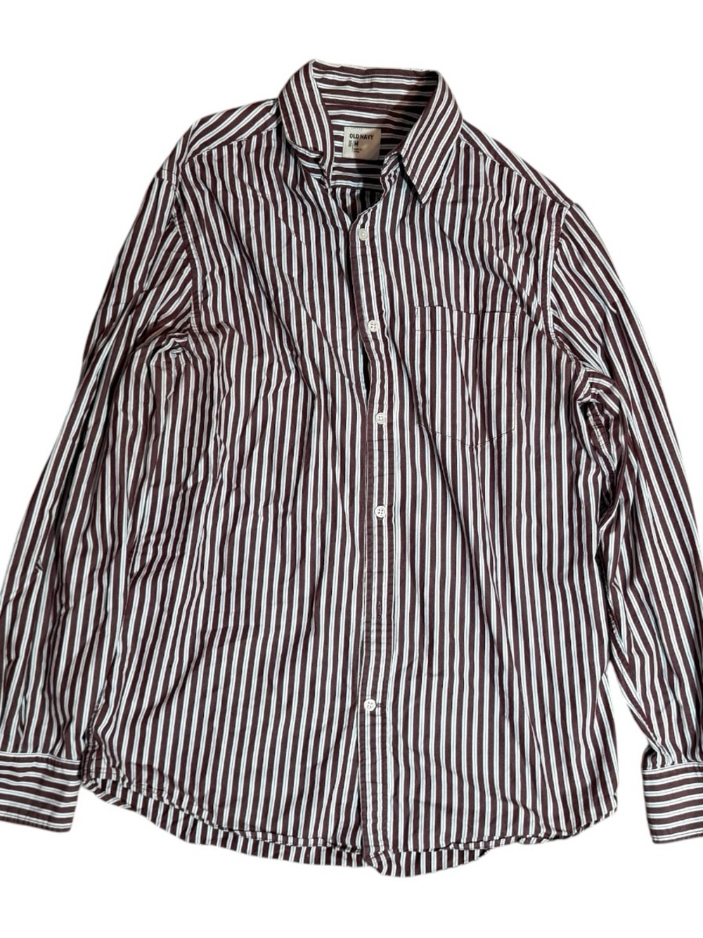 Old Navy Men’s Maroon and White Vertical Stripe Dress Shirt Size M